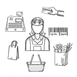 卡通条形码图片_卖家职业与购物图标，包括包、收