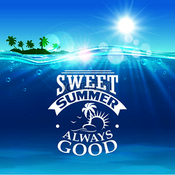蓝色海洋海浪图片_暑假和假期符号与热带海滩、棕榈