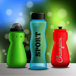 塑料罐矢量图片_健身瓶由货架表面的三个瓶子组成