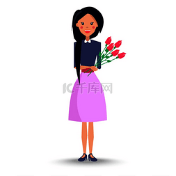 拿玫瑰花的女人图片_身穿蓝色衬衫和紫色裙子的长发年