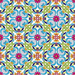 点缀的花图片_墨西哥塔拉维拉瓷砖图案传统装饰