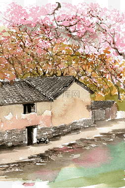 春天的景色图片图片_桃树林中的老屋
