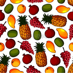 葡萄和菠萝图片_白色背景的热带菠萝、芒果和猕猴