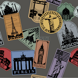 伦敦标志建筑图片_复古纸颜色地标旅游标签无缝模式