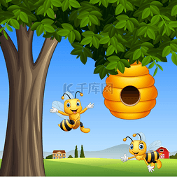 卡通树蜜蜂图片_蜂蜜树下的卡通蜜蜂
