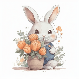 小兔子插画png图片_捧着鲜花的小兔子