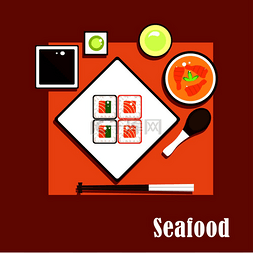 寿司筷子鱼图片_亚洲美食平面图标海鲜晚餐，方形
