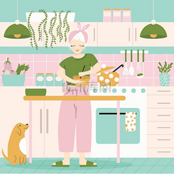 狗狗家庭图片_一个女人在她的厨房里，有食物和