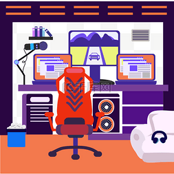 紫色和红色平面游戏室内房间插图