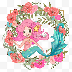 海星可爱图片_卡通美人鱼粉色玫瑰花环