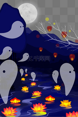中元节的夜晚鬼魂看着河里游着花