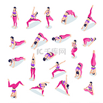 女子进行伸展健身健身房锻炼莲花瑜伽姿势等长图标套装粉色裤子矢量插图