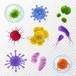 真实的细菌显微镜下的芽孢杆菌和感染细胞彩色细菌和微生物图标新冠肺炎流感病毒采集在透明背景集上分离人体微生物三维载体真实的细菌显微镜下芽孢杆菌和感染细胞