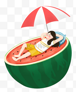 西瓜红竖屏图片_夏天水果西瓜女孩遮阳伞