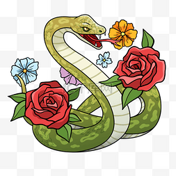 凶猛蛇图片_毒蛇插画风格鲜花粉色