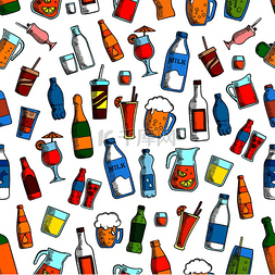饮料啤酒背景图片_饮料和瓶子的无缝背景。