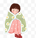 冬天寒冷女孩披毯子