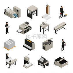 房子集合图片_印刷厂设备和人员等距图标集合与