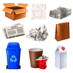 图垃圾桶图片_垃圾和废物集与纸板和纸逼真的孤