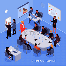团队蓝色背景图片_企业培训期间的业务专家和员工，
