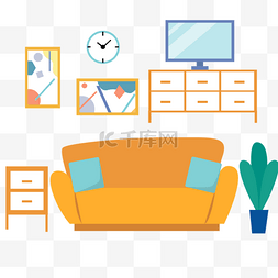 沙发平面矢量图图片_客厅房间起居室扁平风格黄色书柜