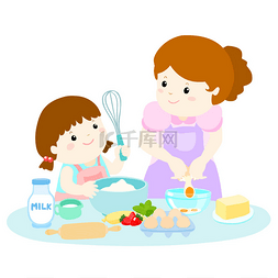 草莓牛奶味的图片_Little daughter cooking with her mother vecto