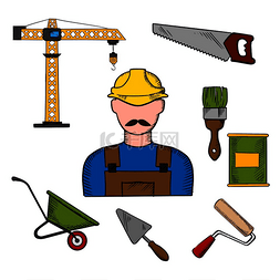 建筑工人职业和建筑工具图标与黄