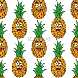 快乐的热带卡通菠萝无缝图案与笑