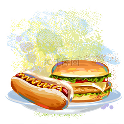 手绘水彩热狗图片_热狗和汉堡上油漆污点