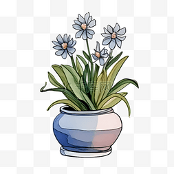 蓝色鲜花植物盆栽绿色卡通手绘