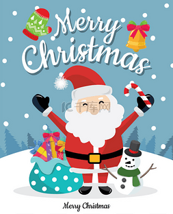 圣诞老人手绘矢量图片_圣诞背景雪人和圣诞老人快乐插画