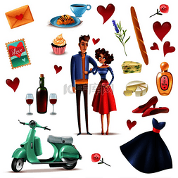 香槟红色图片_法国和巴黎的卡通片与情侣相爱的