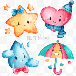 happy水彩图片_雨天雨滴爱心雨伞可爱水彩画