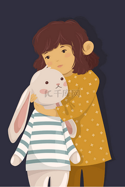 卡通手绘兔子玩具图片_女孩与兔子玩具