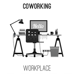 桌子创意图片_工作场所配有工作椅、桌子和个人