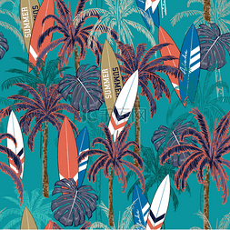 深绿色卡通背景图片_ 时尚暑假手绘热带图案手绘棕榈