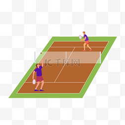 女孩两个图片_网球比赛运动概念插画网球场上两