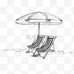 和海边图片_素描炎热夏季沙滩椅和太阳伞
