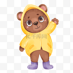 彩色森林动物图片_小熊雨衣黄色棕色卡通插图