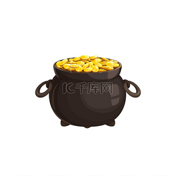 金币黑色图片_有把手的铁锅装满硬币的卡通大锅