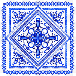 蓝色瓷砖纹理图片_瓷砖图案水彩蓝色花纹图形