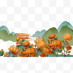 国潮山水图片_重阳节风景中国风国潮山水建筑菊