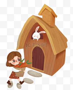 小兔子萝卜图片_秋季女孩小姑娘房子