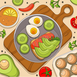 砧板上的蔬菜图片_为早餐三明治构图上色餐桌俯视图