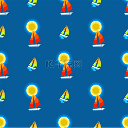 蓝色背景上带有太阳、游艇或帆船