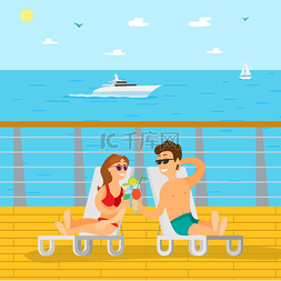 情侣在海景向量下的夏日放松度假