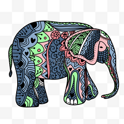 大象彩色图片_蓝色侧面大象印度禅绕画象头神