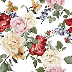 手绘背景底纹图片_Seamless floral pattern with roses, watercolo
