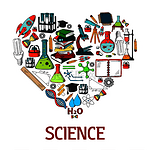 带有科学矢量图标的心形徽章科学的概念装饰设计元素与化学实验测试研究和实验室设备的颜色符号带有科学矢量图标的心形徽章