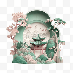 中国风玉石质感浮雕粉彩凉亭